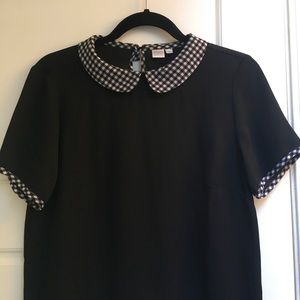 Peter pan collar blouse, black with plaid/checkered neck/sleeve detail